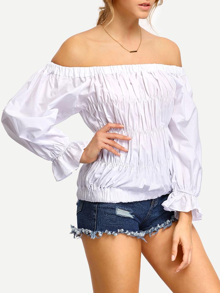 Romwe Off-ther-shoulder Shirred Tier Blouse