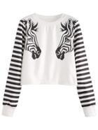 Romwe White Striped Zebra Head Print Crop Sweatshirt