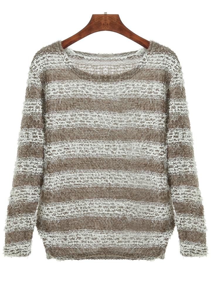 Romwe Striped Colorblck Shaggy Sweater
