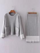 Romwe Grey Striped Front Pocket Sweater With Skirt