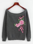 Romwe Embroidered Flower Patch Raglan Sleeve Jumper