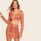 Romwe Plaid Crop Fitted Top & Skirt Set
