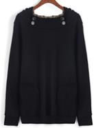 Romwe Hooded Leopard Buttons Black Sweatshirt