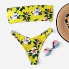 Romwe Floral Print Bandeau Top With High Cut Bikini Set