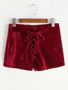 Romwe Burgundy Velvet Lace Up Front Shorts