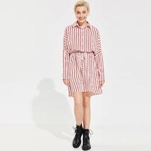 Romwe Striped And Chain Print Drawstring Waist Shirt Dress