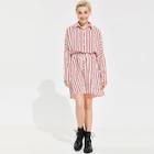 Romwe Striped And Chain Print Drawstring Waist Shirt Dress