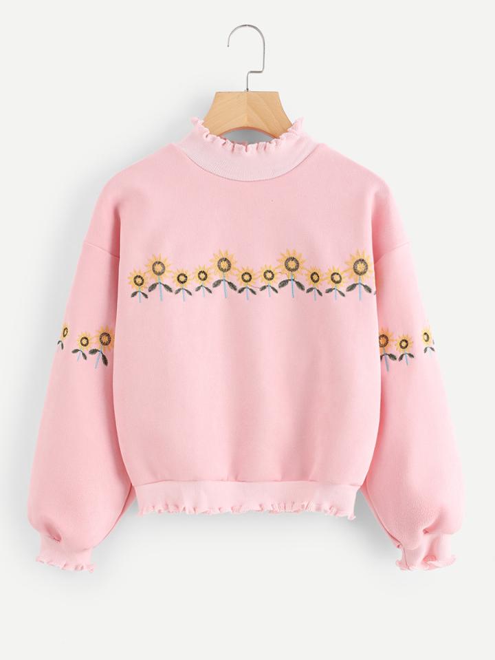 Romwe Frill Trim Floral Embroidered Sweatshirt