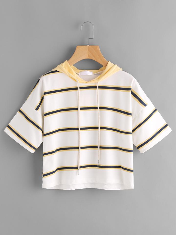 Romwe Hooded Drawstring Striped Tee