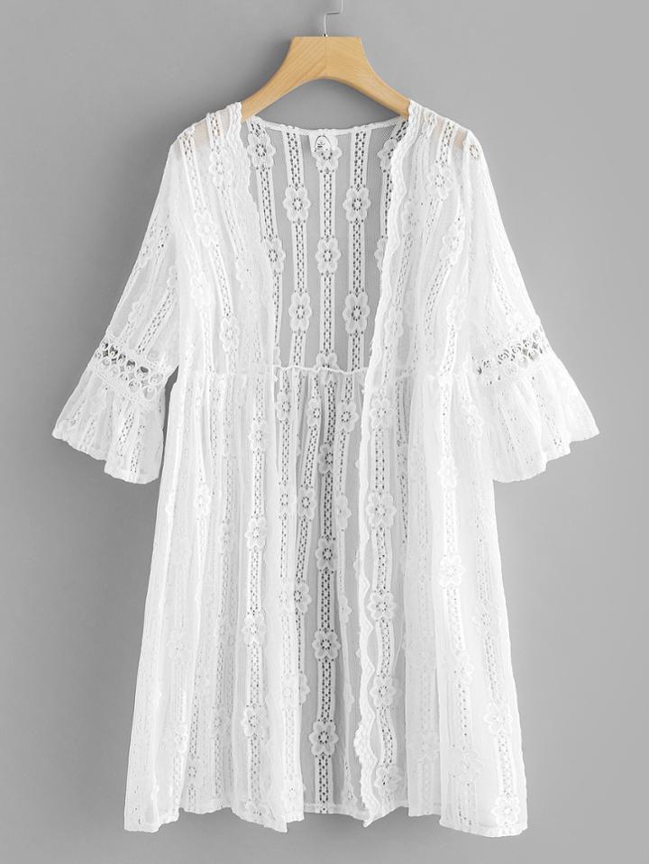 Romwe Lace Fluted Sleeve Long Cardigan