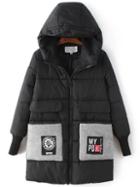 Romwe Black Hooded Padded Coat With Patch Pocket