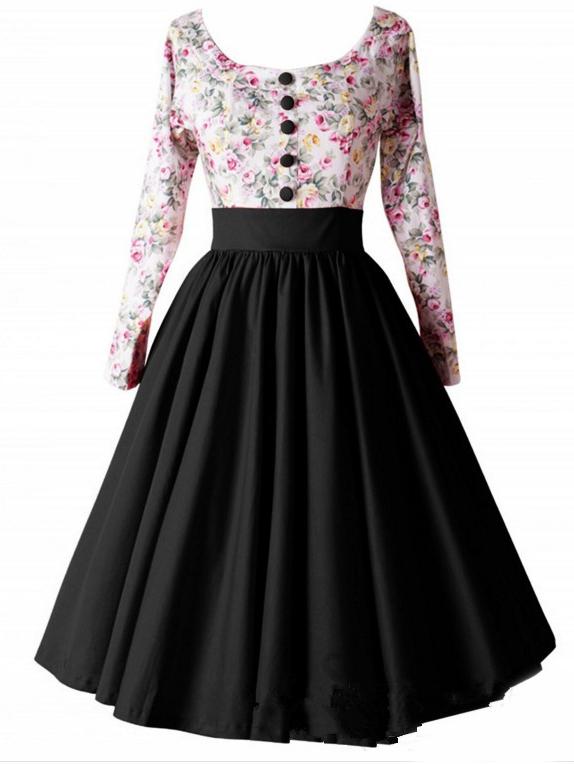 Romwe Scoop Neck Florals Tea Dress With Buttons