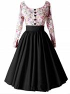 Romwe Scoop Neck Florals Tea Dress With Buttons