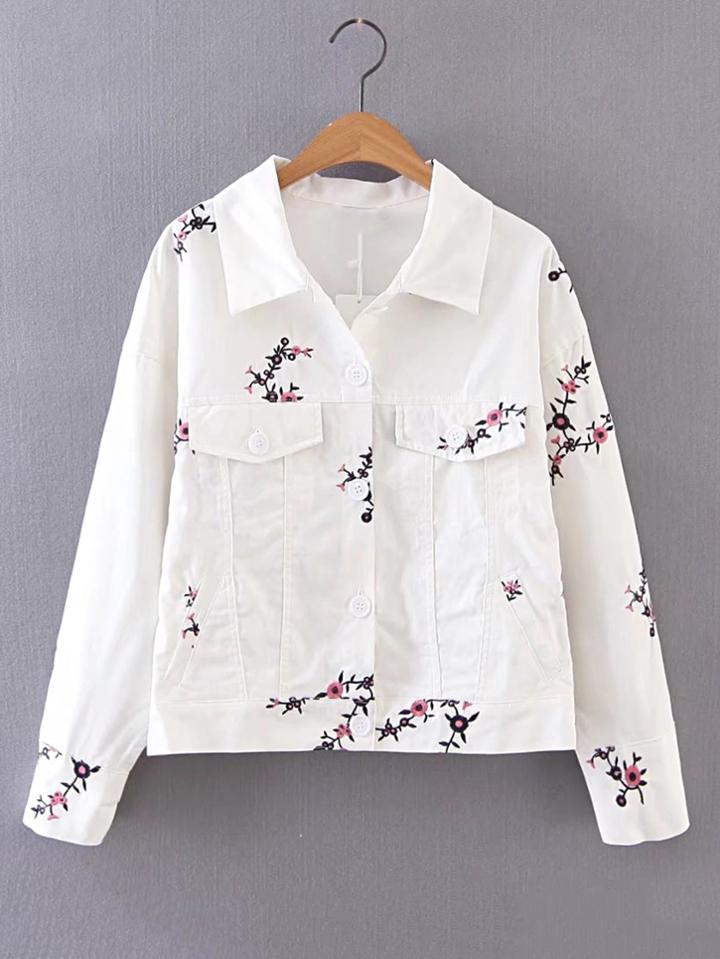 Romwe Flap Pocket Front Embroidery Jacket