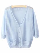 Romwe Blue V Neck Pockets Buttons Cardigan Sweater