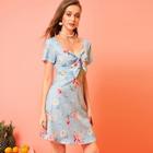 Romwe Knot Front Floral Print Shirred Dress