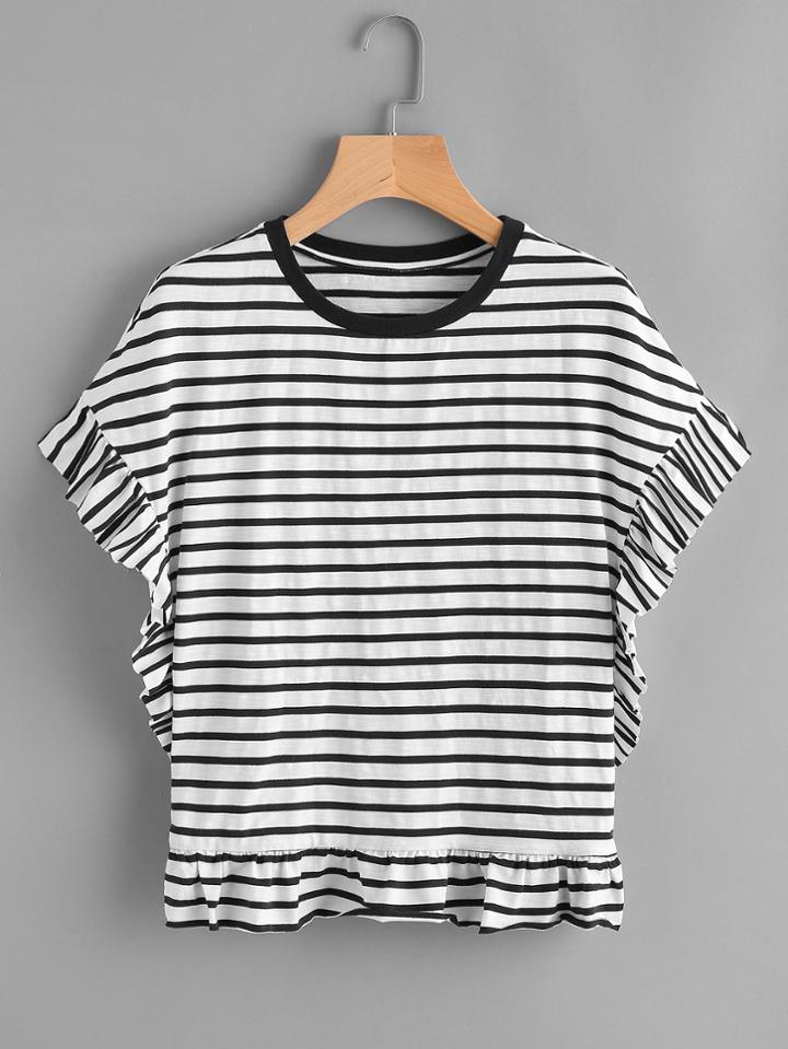 Romwe Frill Trim Striped Dolman T-shirt