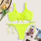 Romwe Neon Yellow Frill Top With Tie Side Bikini Set