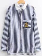Romwe Blue Vertical Striped Patch High Low Blouse