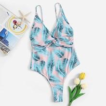 Romwe Random Leaf Print Twist One Piece Swim