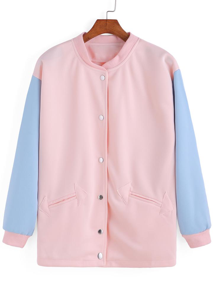 Romwe Contrast Sleeve Edge Pockets Pink Jacket