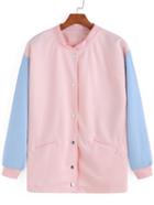 Romwe Contrast Sleeve Edge Pockets Pink Jacket