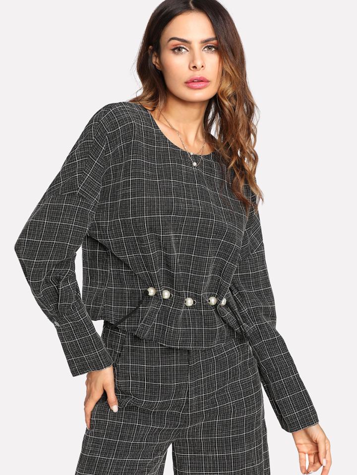 Romwe Pearl Detail Wide Cuff Grid Top
