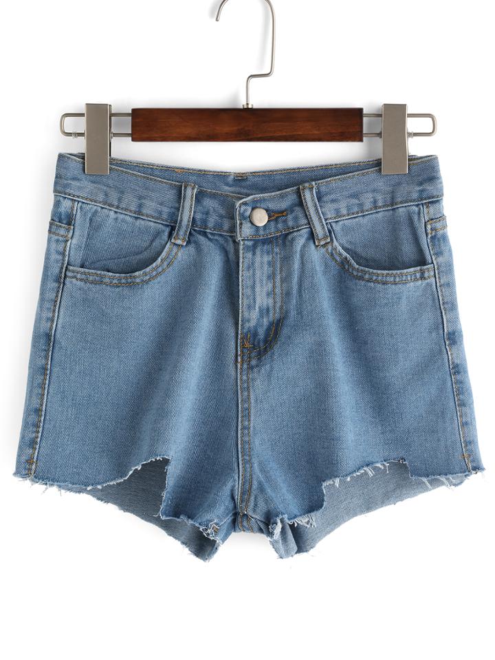 Romwe Asymmetrical Hem Light Blue Denim Shorts