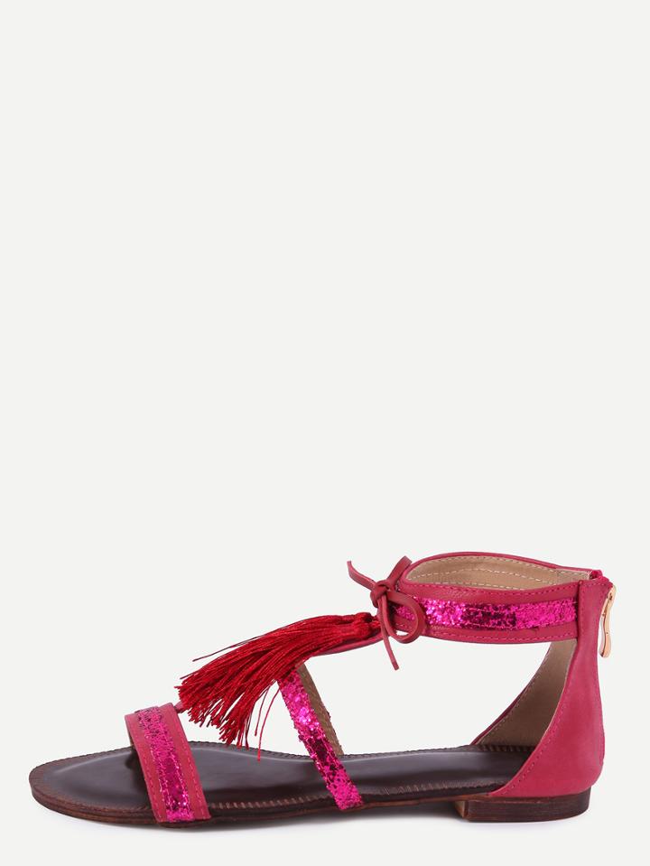 Romwe Red Fringe Flat Sandals