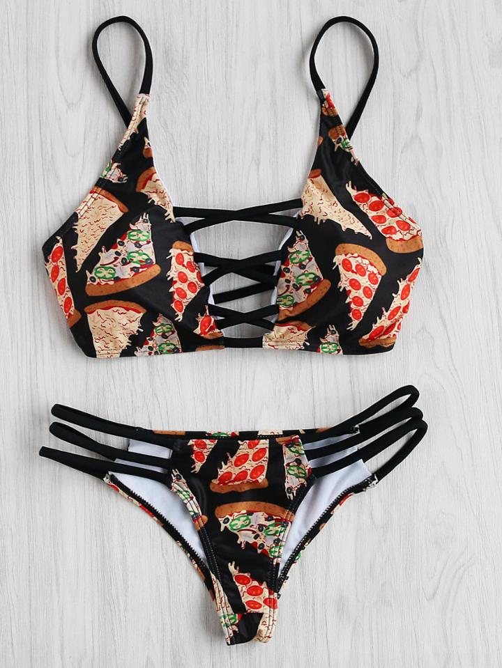 Romwe Pizza Print Ladder Cutout Bikini Set