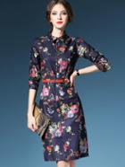 Romwe Multicolor Lapel Length Sleeve Drawstring Pockets Print Dress
