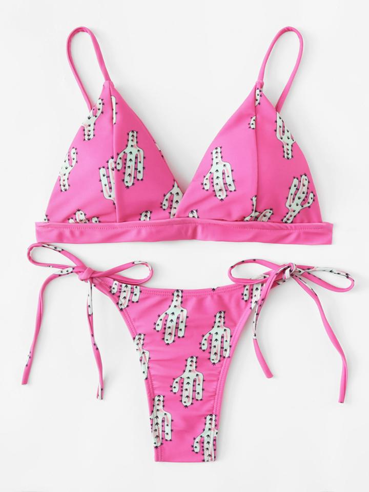Romwe Cactus Print Self Tie Bikini Set