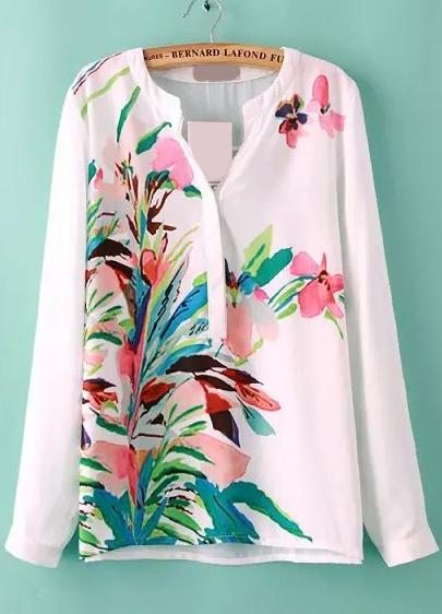 Romwe Long Sleeve Florals Chiffon Blouse