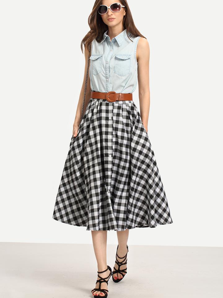 Romwe Belted Buttoned Front Checkerboard Skirt