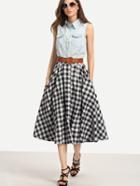 Romwe Belted Buttoned Front Checkerboard Skirt