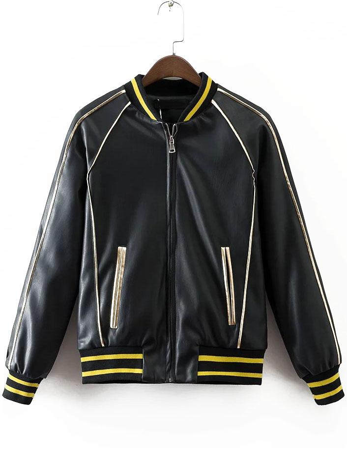 Romwe Black Butterfly Print Striped Detail Pu Jacket