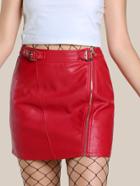 Romwe Buckle Strap Waist Zip Detail Faux Leather Skirt