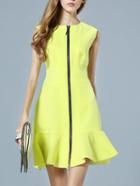 Romwe Yellow Round Neck Sleeveless Zip Fishtail Dress