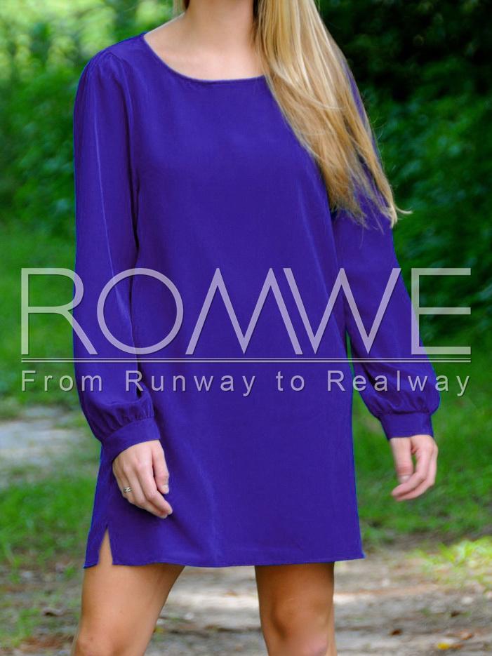Romwe Blue Long Sleeve Round Neck Dress