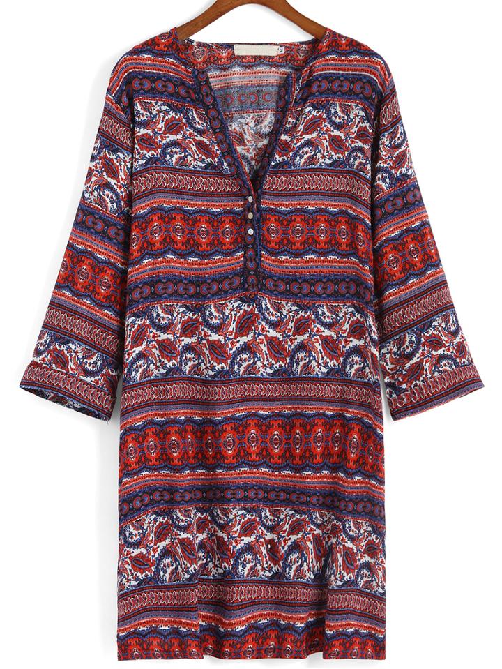Romwe V Neck Paisley Print Straight Dress