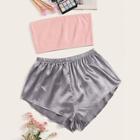 Romwe Ribbed Bandeau Top With Satin Shorts Pj Set