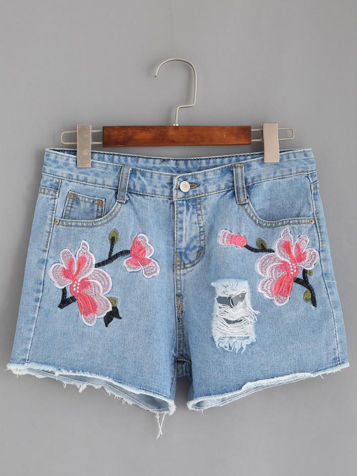 Romwe Blue Ripped Flower Embroidered Raw Hem Denim Shorts