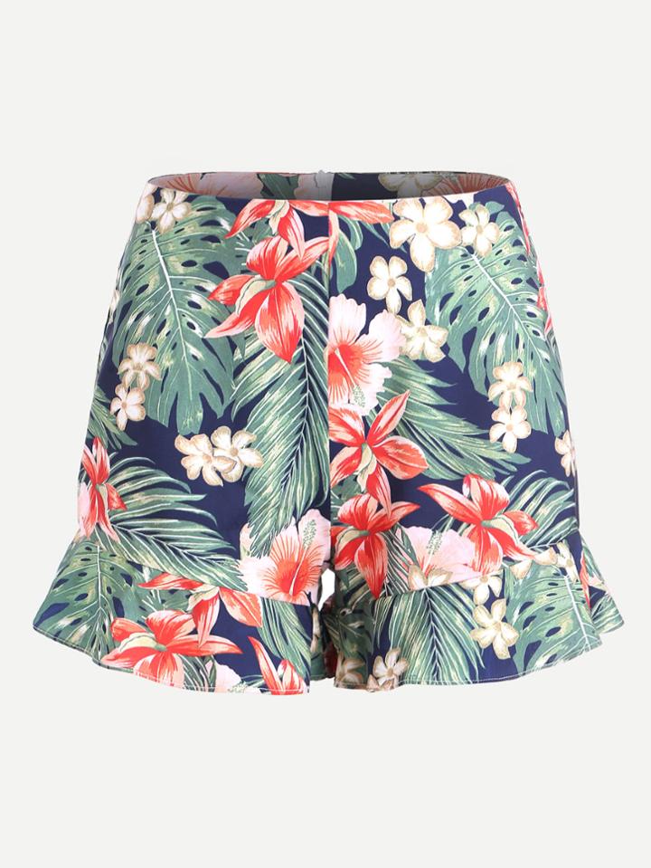 Romwe Palm Leaf Print Frill Hem Zipper Back Shorts