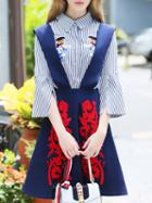 Romwe Blue Lapel Striped Embroidered Two-pieces Dress