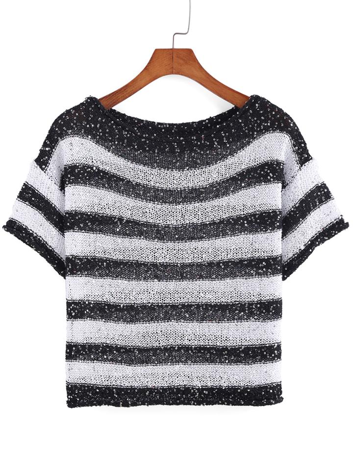 Romwe With Sequined Striped Knit Top