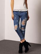 Romwe Women Ripped Denim Blue Pant