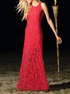 Romwe Sleeveless Lace Evening Maxi Red Dress