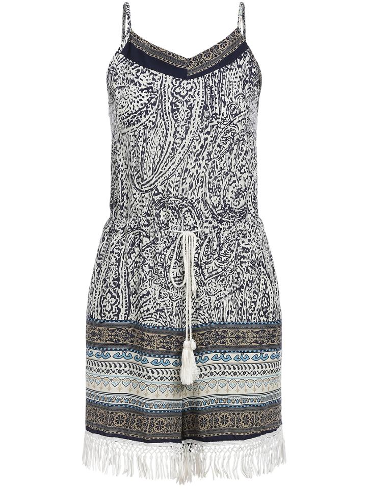 Romwe Spaghetti Strap Print Blue Romper With Drawstring