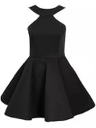 Romwe Black Strap Backless Flouncing Flare Dress