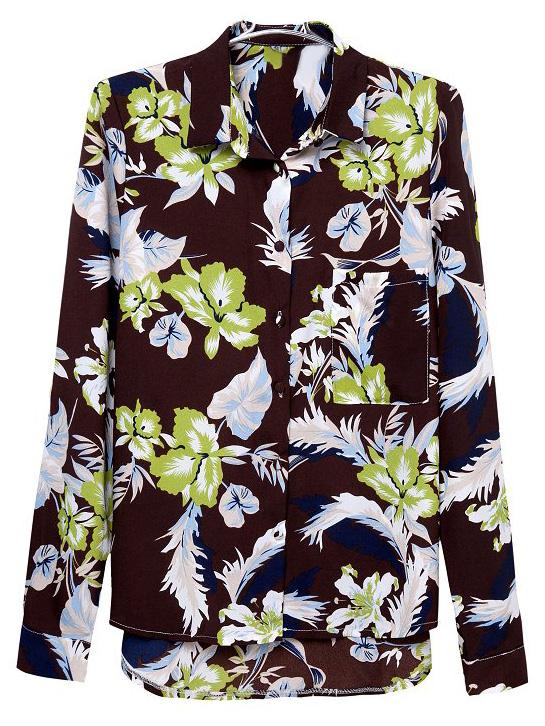 Romwe Multicolor Pocket Dip Hem Long Sleeve Print Blouse
